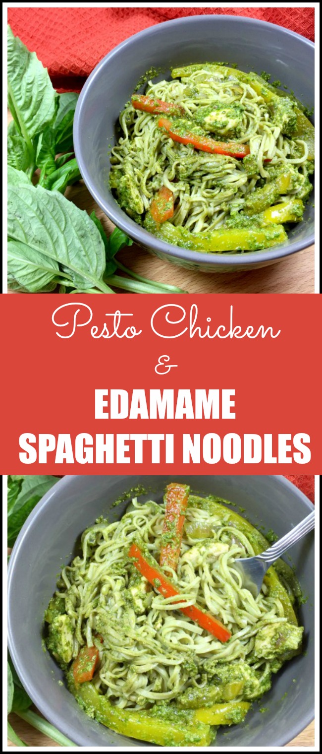 Pesto Chicken and Edamame Spaghetti Noodles