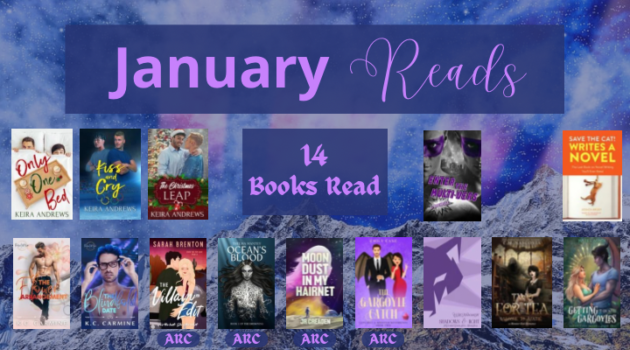 Books read January 2024, Reading Recap, contemporary romance, high fantasy, arc books, paranormal romance, monster romance, science fiction, mm romance, mf romance, polyamory, save the cat writes a novel, writing craft book of the month