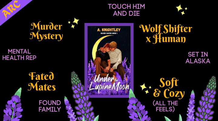 Under the Lupine Moon by A. Knightley Arc Review, MM Romance, Wolf Shifter Romance, Murder Mystery, Set in Alaska, Fated Mates, Found Family, Fluffy Romance, Mental Health Rep, Spicy Romance, Shifter Series Romance